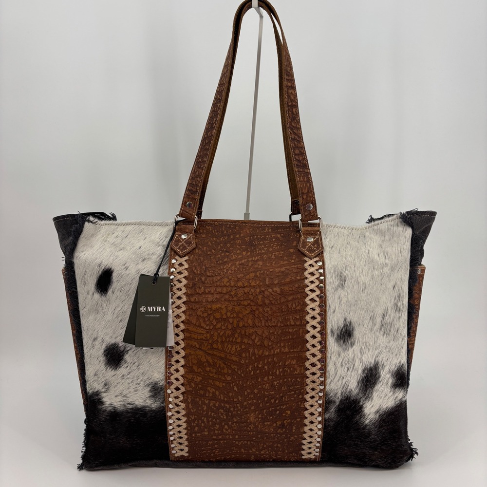 Myra Bag Saddle Belle Weekender Bag Women Large Brown Cowhide Canvas S-12115